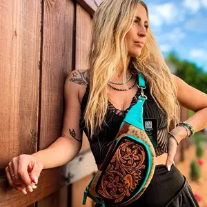 Cowhide Sling Bag for Women Tooled Leather Turquoise Crossbody Chest Bag Stylish and Durable Accessory