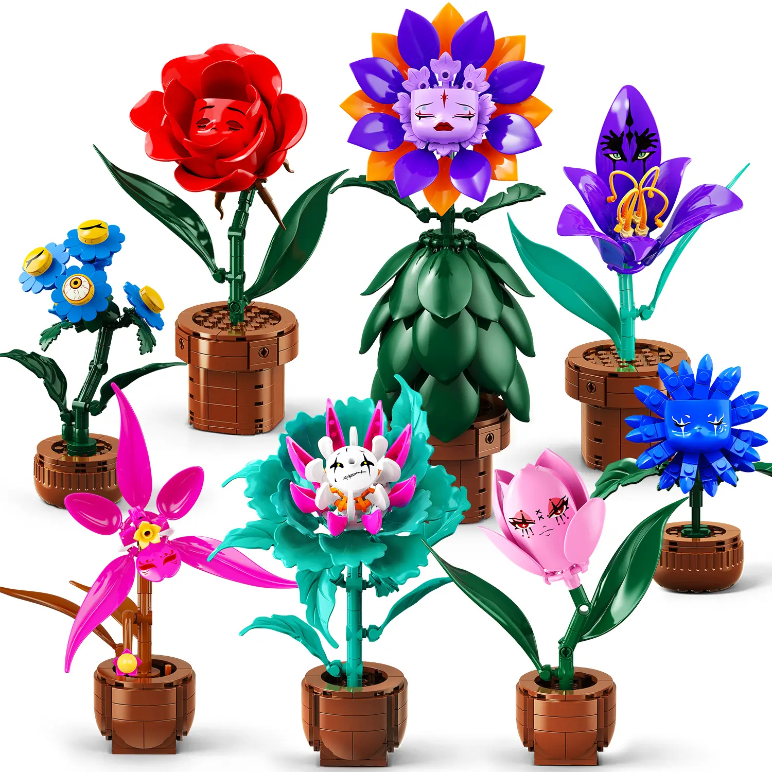 CUBIMANA 8 Wonderland Flower Building Set with Fantasy Faces for Adults | Roses Orchids Botanical Collection Kit, Halloween Christmas Birthday Gifts for Her Mom Wife Couple, Gothic Office Desk Toy Decor Decorative Fruit