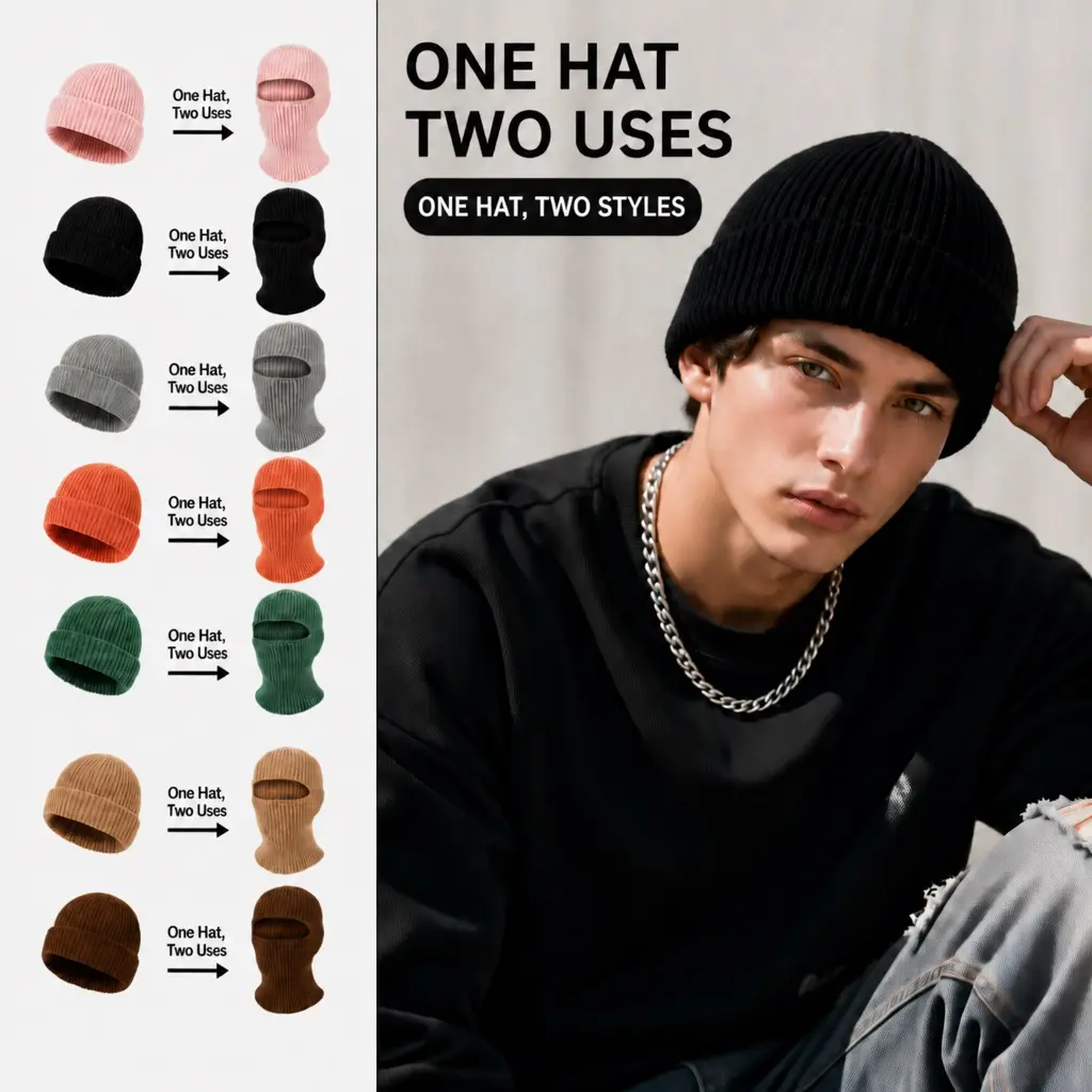 2‑in‑1 Unisex Winter Knit Beanie Hat with Built‑in Face Mask, Warm Windproof Multifunctional Headwear, Outdoor Protective Gear for Cycling, Skiing, Hiking, Outdoor Work & Daily Cold‑Weather Outings