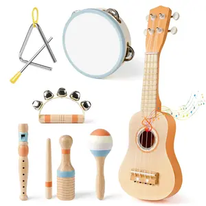 Kids Guitar Set - 7 in 1 Wooden Musical Instruments, Band Sets with Ukulele Tambourine Maracas, Chirstmas Gift Idea