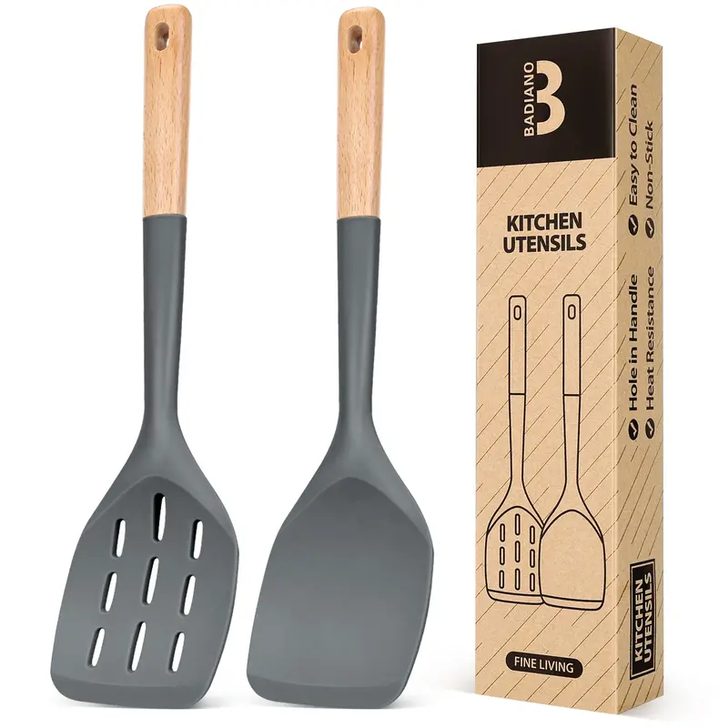 BADIANO Pack of 2 Silicone Spatula, Non Stick Cooking Utensil Set Wooden Handle Kitchen Turner for Baking Mixing Grilling Serving Food Heat Resistant