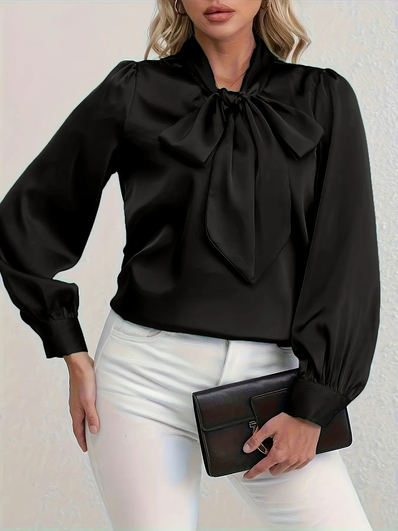 Elegant Satin Blouse with Bow Tie Neck, Fitted Casual Business Style Long Sleeve Shirt for Work and Dates, Chic Spring & Fall Wardrobe Essential Womenswear Top Blouses Shirts Tops