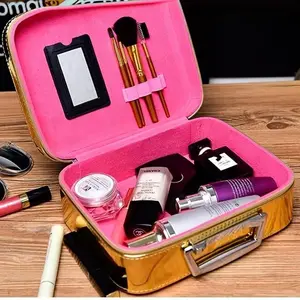 PU Material Luxury Hard Shell Makeup Travel Case, Large Capacity Flat-Lay Organizer, Portable Glitter Storage Box for Women, Fits Inside Suitcase