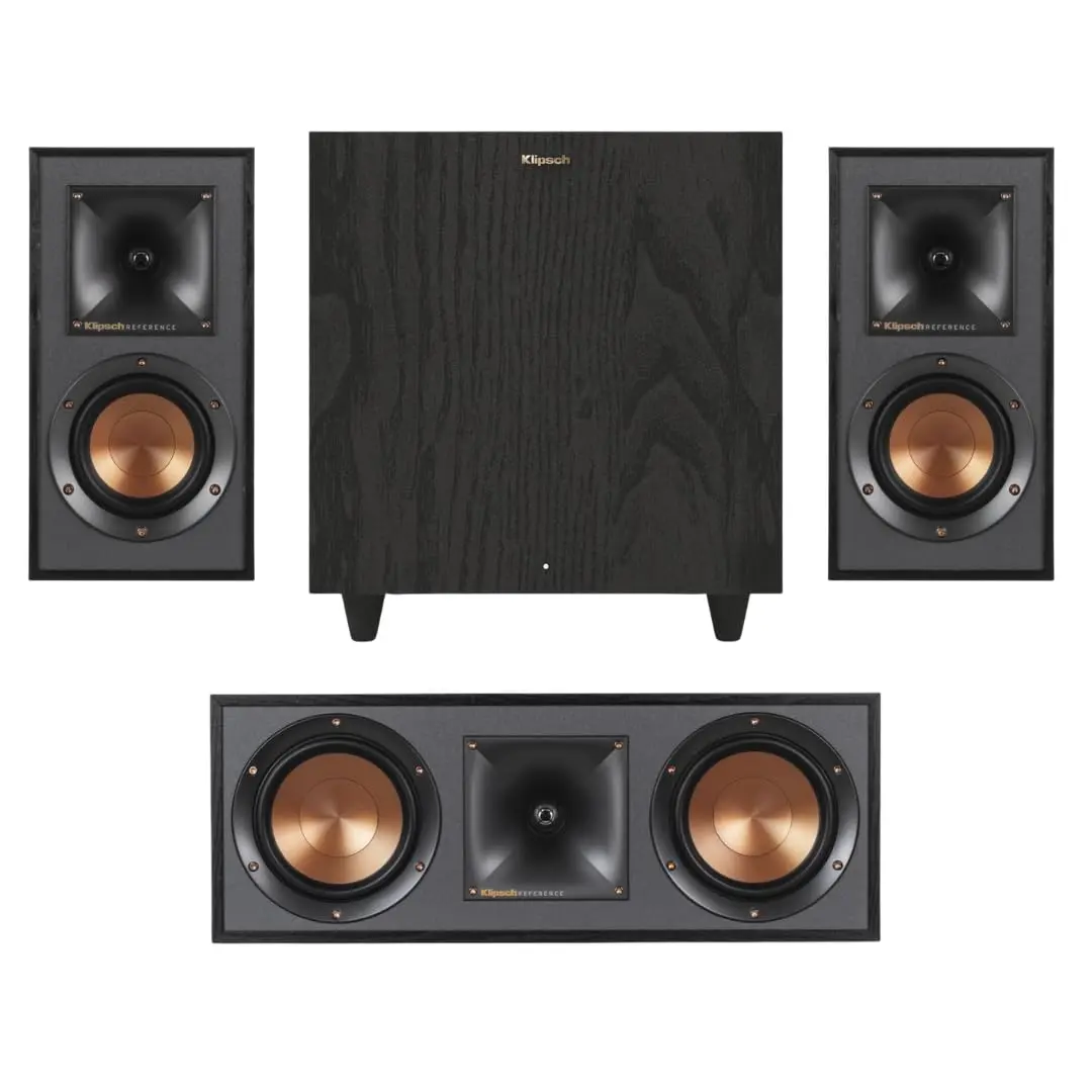 Klipsch 3.1 Compact Surround Sound Combo System - R-41M Bookshelf Speakers, R-80SWi Wireless Subwoofer, R-52C Center Channel, 1" Tweeter, 150W Amplifier, Vinyl-Compatible Audio for Home Cinema, Music Setup, Watch Party, Spotify Bedroom, 4" Copper-Spun Img