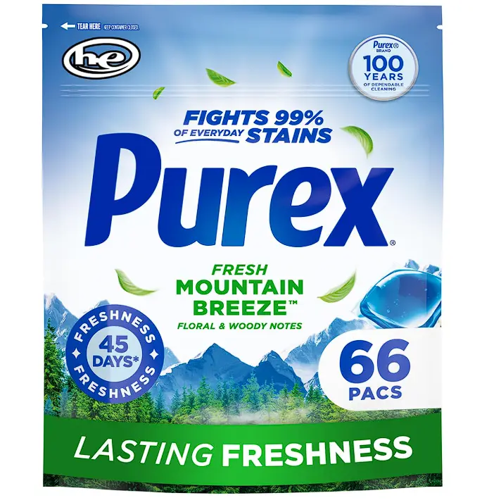Purex Fresh Mountain Breeze Laundry Detergent Pacs, 66 Count, Pre Measured Pacs