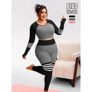 Women's Plus Size Sporty Workout Set, Striped High Neck Crop Top & High Waist Skinny Pants, Fashion Fitness 2 Piece