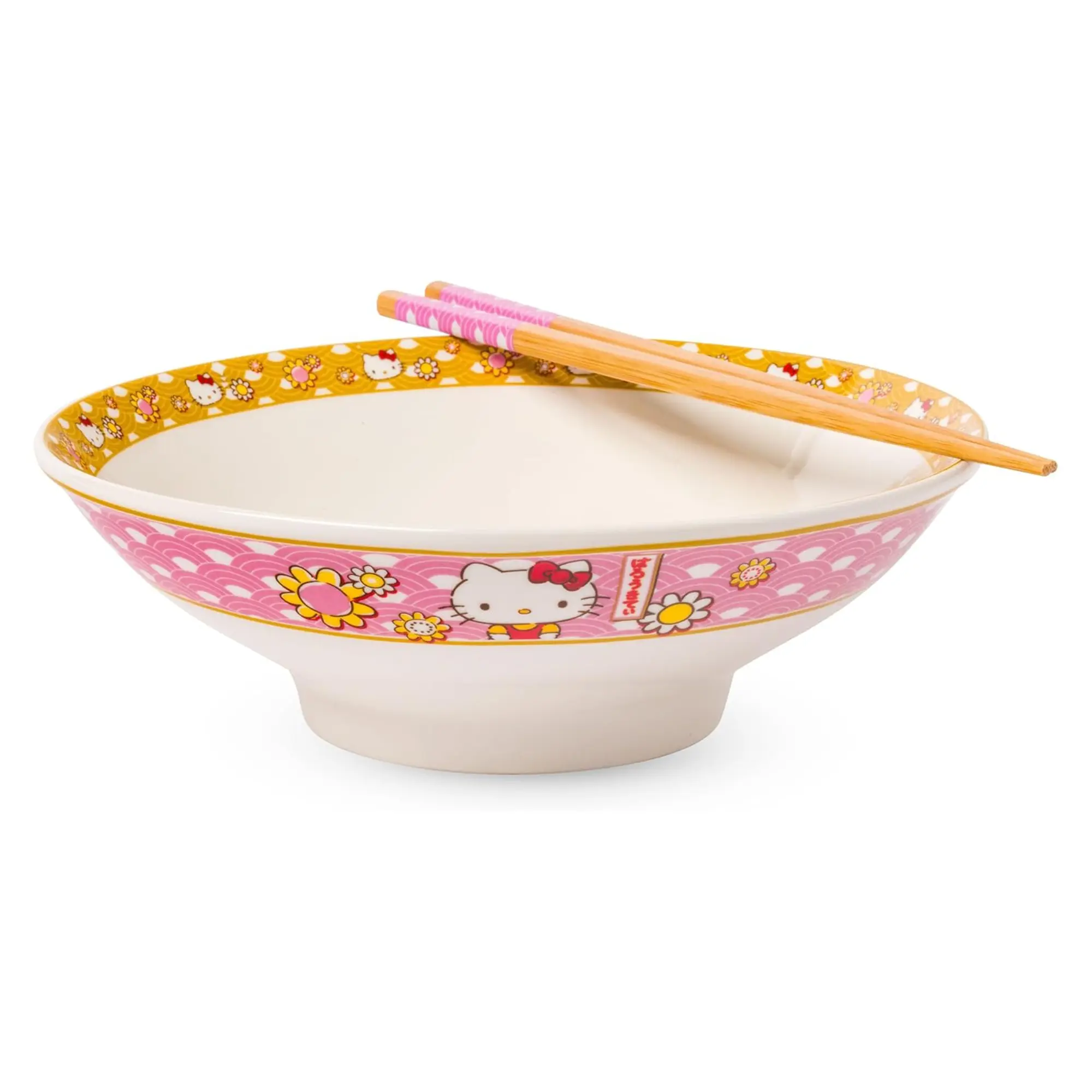 Sanrio Hello Kitty Kawaii Ceramic Noodle Bowl & Chopstick Set - Gold-Toned Playful Tableware for Dining, Pasta - Kitchenware Cutlery Set with Ceramic Bowl and Chopsticks