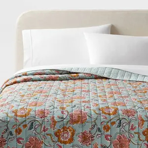 Full/Queen Earthy Vines Quilt Light Teal Blue/Mustard Yellow/Light Pink Floral - Threshold: Cotton Voile, Machine Washable, OEKO-TEX Certified