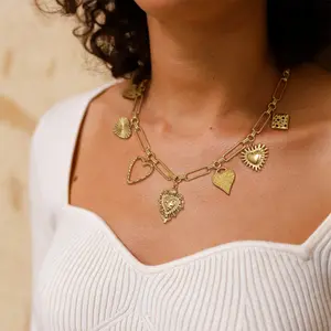 KissYan Gold Heart Charm Necklace For Women, 14K Gold Plated Paperclip Link Chain Jewelry With Multiple Heart Pendants, Layered Fashion Necklace Gift Valentine's Day Gifts