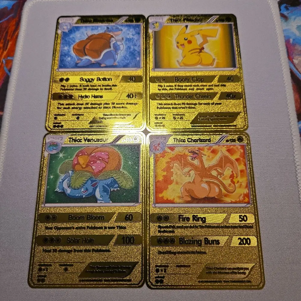 4-Piece Thick Charizard, Pikachu, Venusaur & Blastoise Metal Collectible Trading Cards