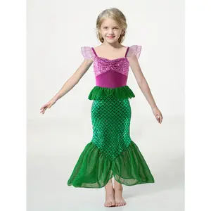 Girls' Mermaid Dress Up Costume - Fish Scale Print, Flutter Sleeves, Strap Design, Mermaid Tail - Princess Party Outfit, Gifting Occasion Wear, Cosplay Party Costume