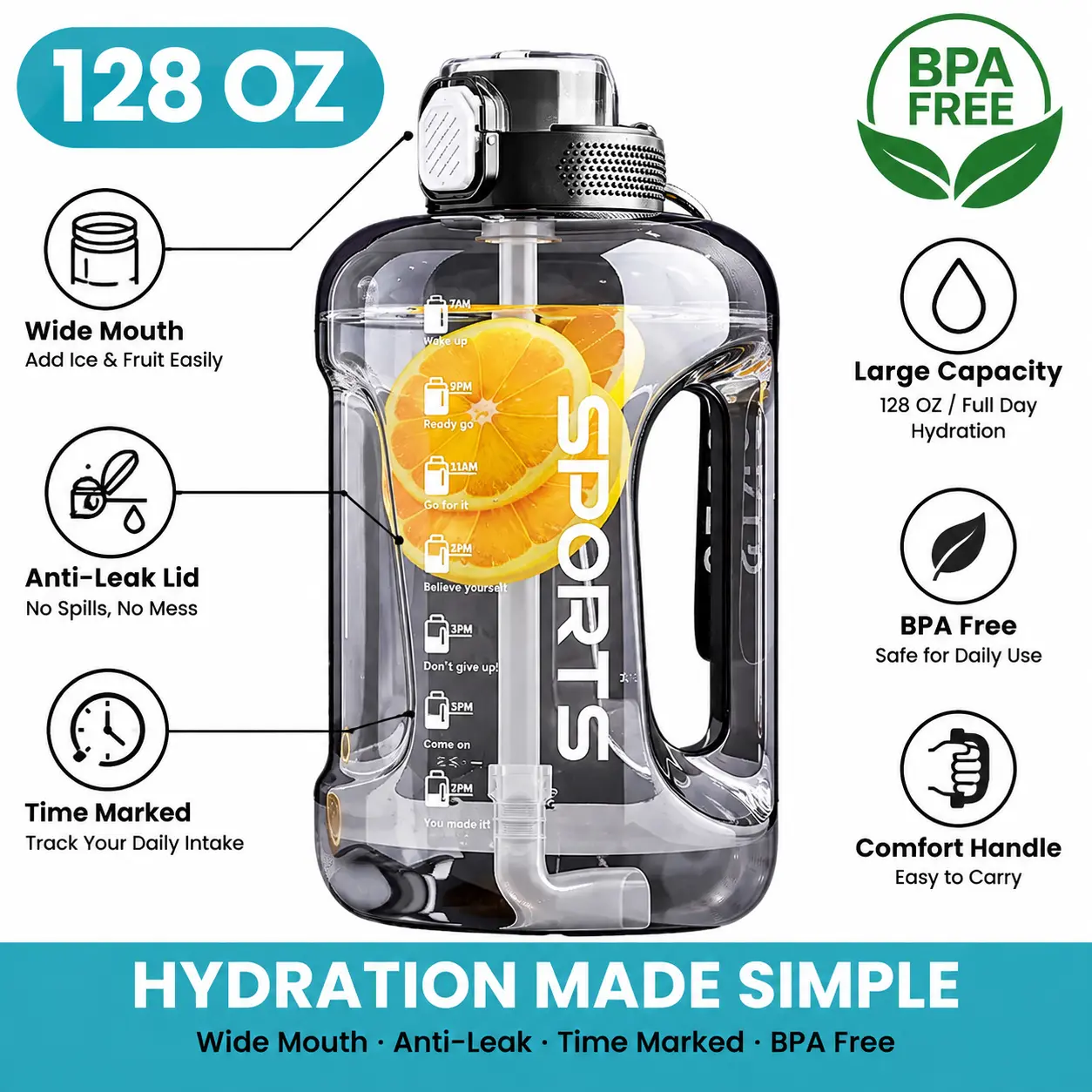 1-Gallon (128 oz, 3.8 L) Motivational Time-Marked Reusable Water Bottle with Straw - BPA-Free, Leak-Proof, Portable, Lightweight, Detachable, Non-Slip, 1-Touch Lid - for General Outdoor Use, Hiking, Office Hydration Challenge - Great Gift for Gym Friends