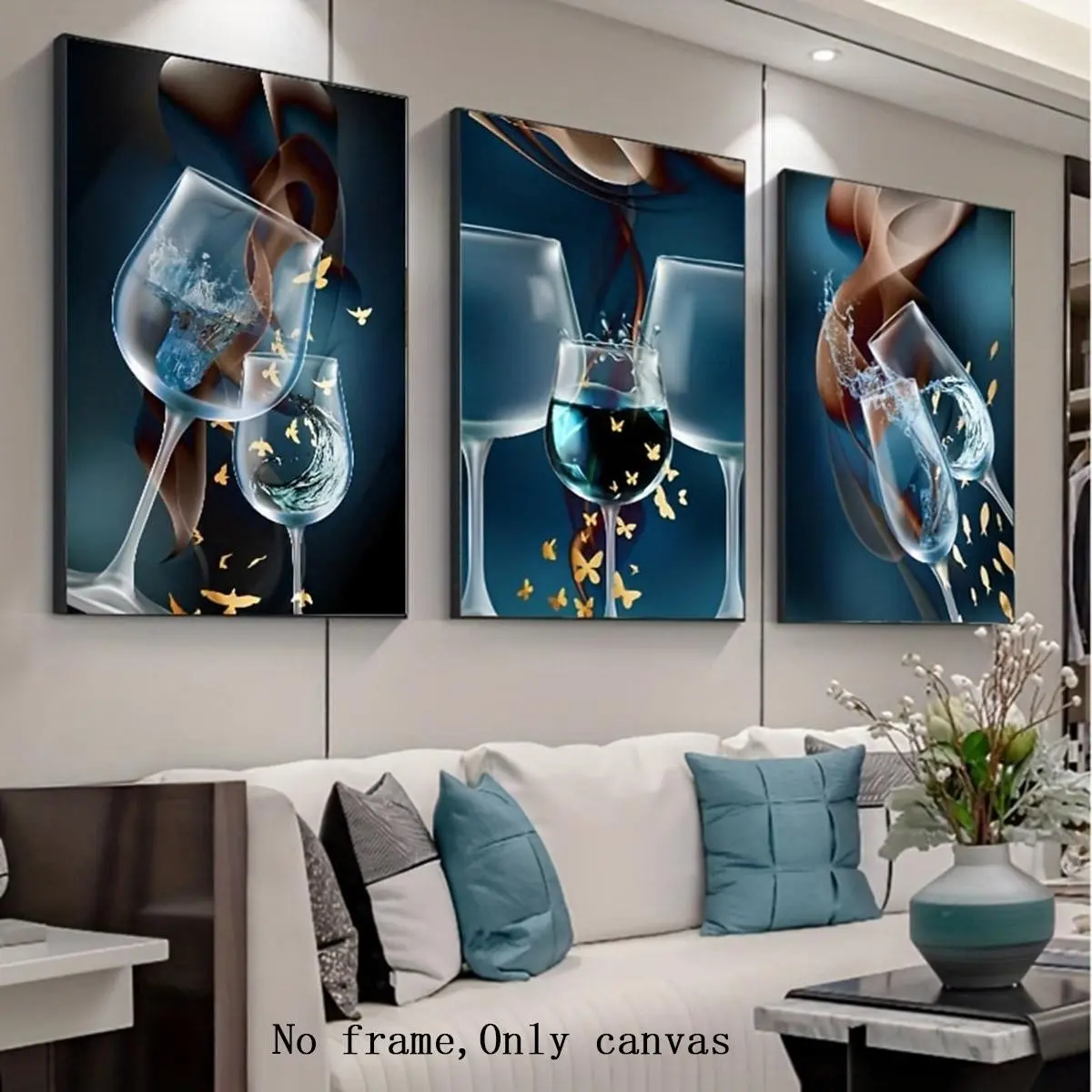 Modern Abstract Blue Wine Glass Wall Art Canvas Set, Unframed, Waterproof, Home Decor for Dining Room, Living Room, Bedroom, Kitchen, Office, Modern Abstract Design, Artistic, Decoration, Unframed Painting, Aesthetic Wall Decor, Art Work for Wall Decor