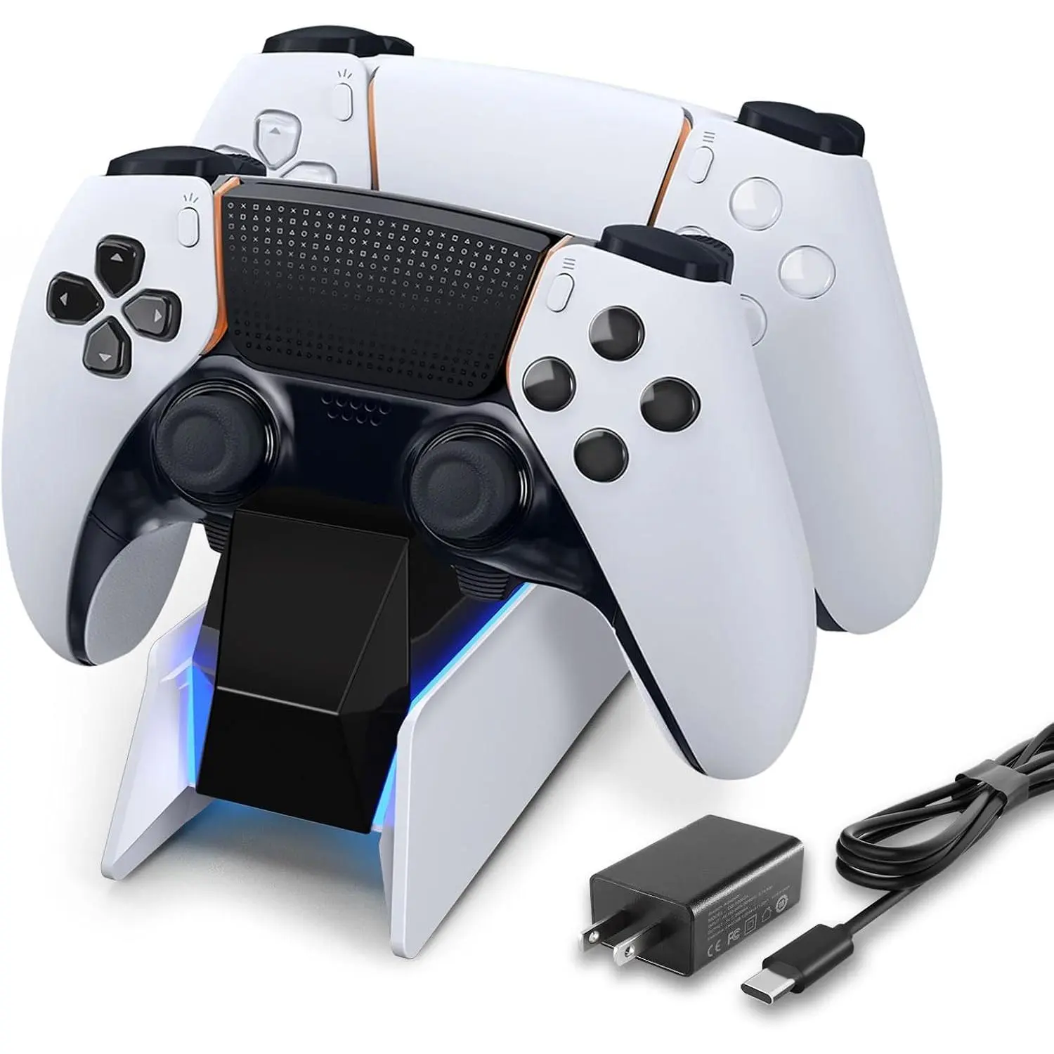 P-CPS030 Wireless Dual Charging Station Stand for PS5 DualSense Controllers, ABS Plastic Console Accessory with Automatic Blue LED Light On/Off, Silicone Compatibility, Type-C Cord & Remote Support Device