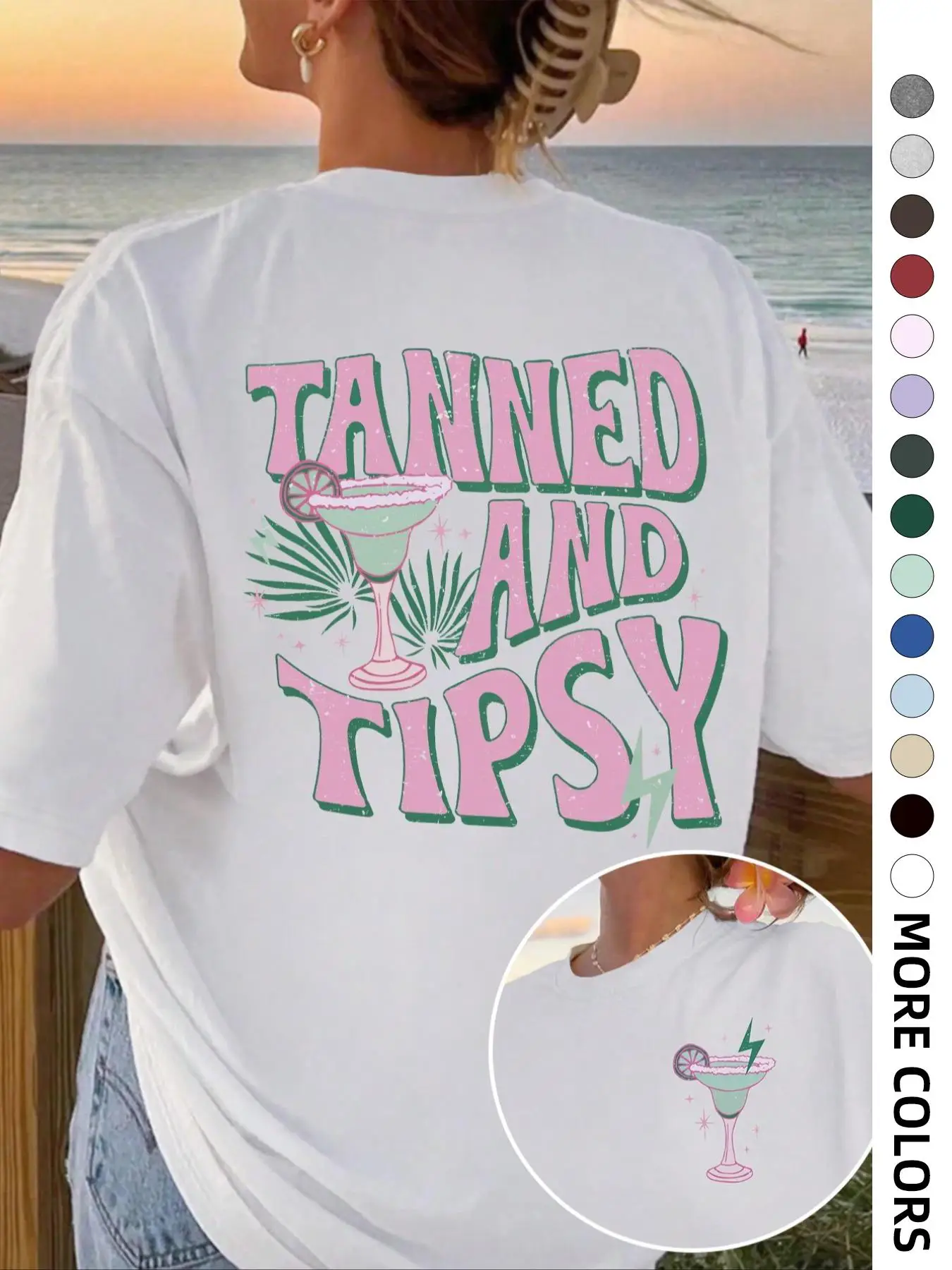 Women's Cocktail & Letter Graphic Drop Shoulder Tee, Casual Short Sleeve Round Neck T-shirt for Summer, Ladies Clothes for Daily Wear, Tops for Women,