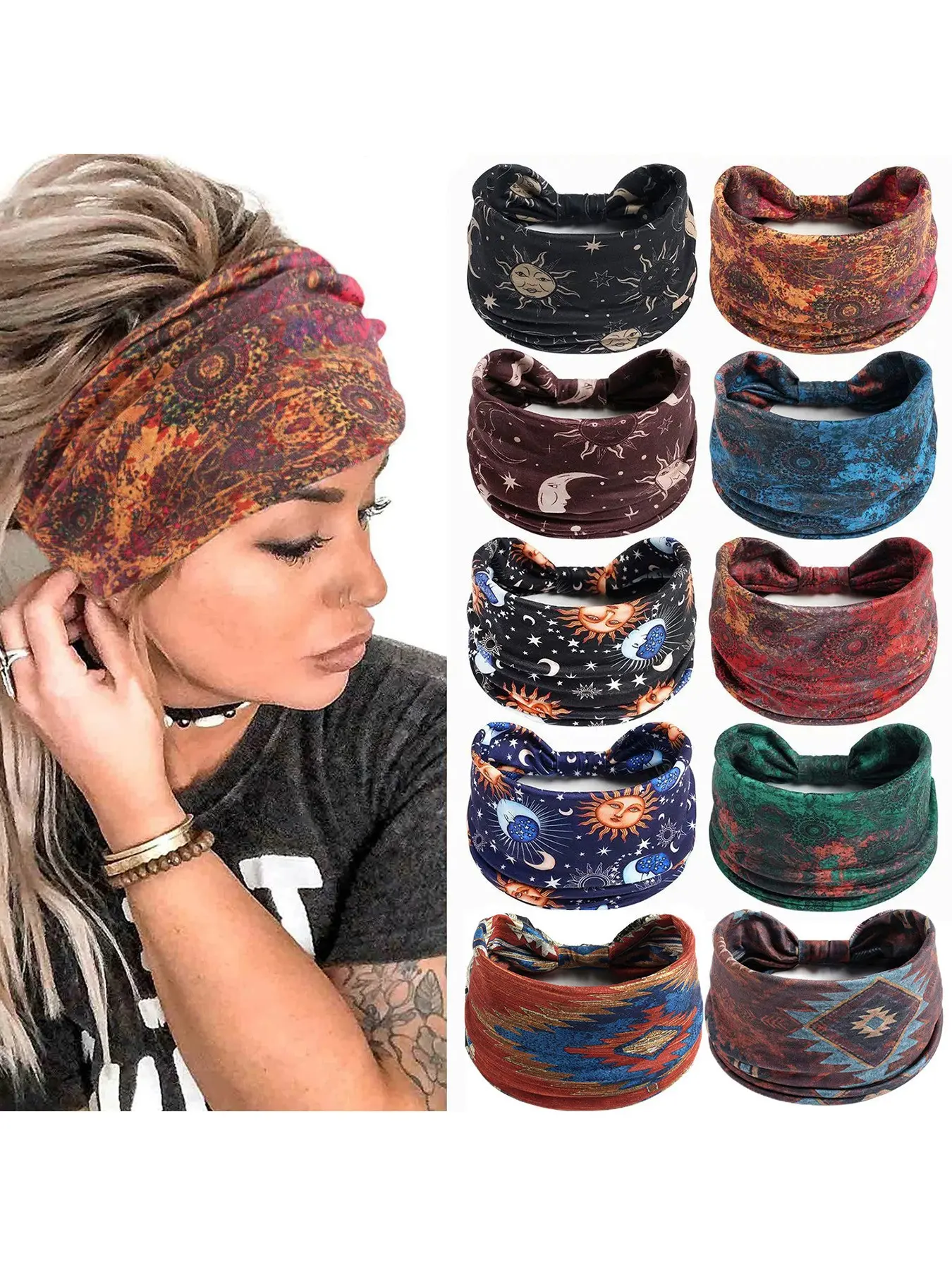 Bohemian Star Moon Print Wide Headband, Boho Headband, Fashion Non-Slip Tie Sweat Sports Headband, Sweat Absorbing Headband, Yoga Running Daily Wear Hair Band, Stylish Accessory