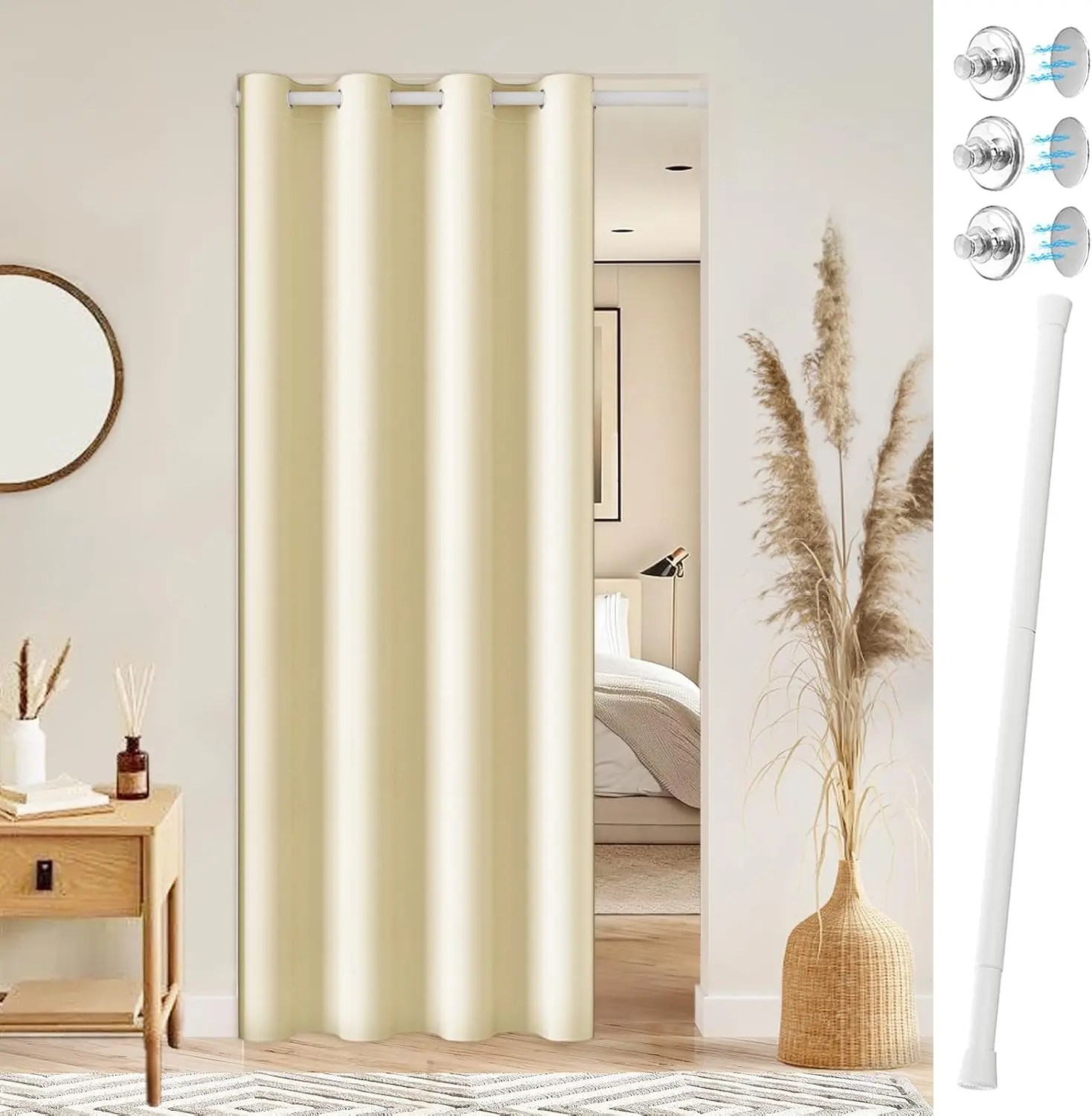 Door with Rod, 1 Panel, W42 x L80, Light Beige| Door for Doorways, Room Divider for Living Room