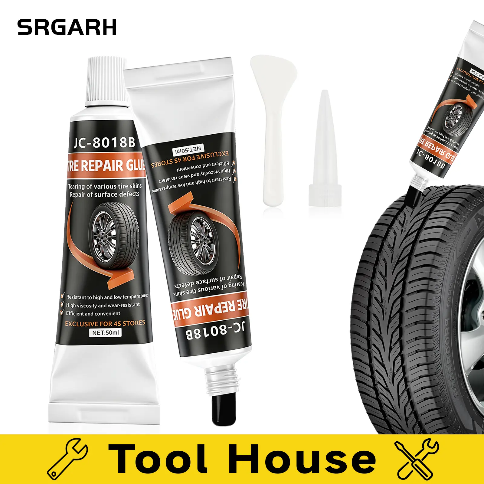Tire Repair Glue, Rubber Cement for Tire Patch & Sidewall Repair, Suitable for Car, Motorcycle, Bicycle, SUV & Off-Road Tires, Weather Resistant Tire Adhesive for Small Punctures and Cracks, Easy-to-Use, 50ML, Black