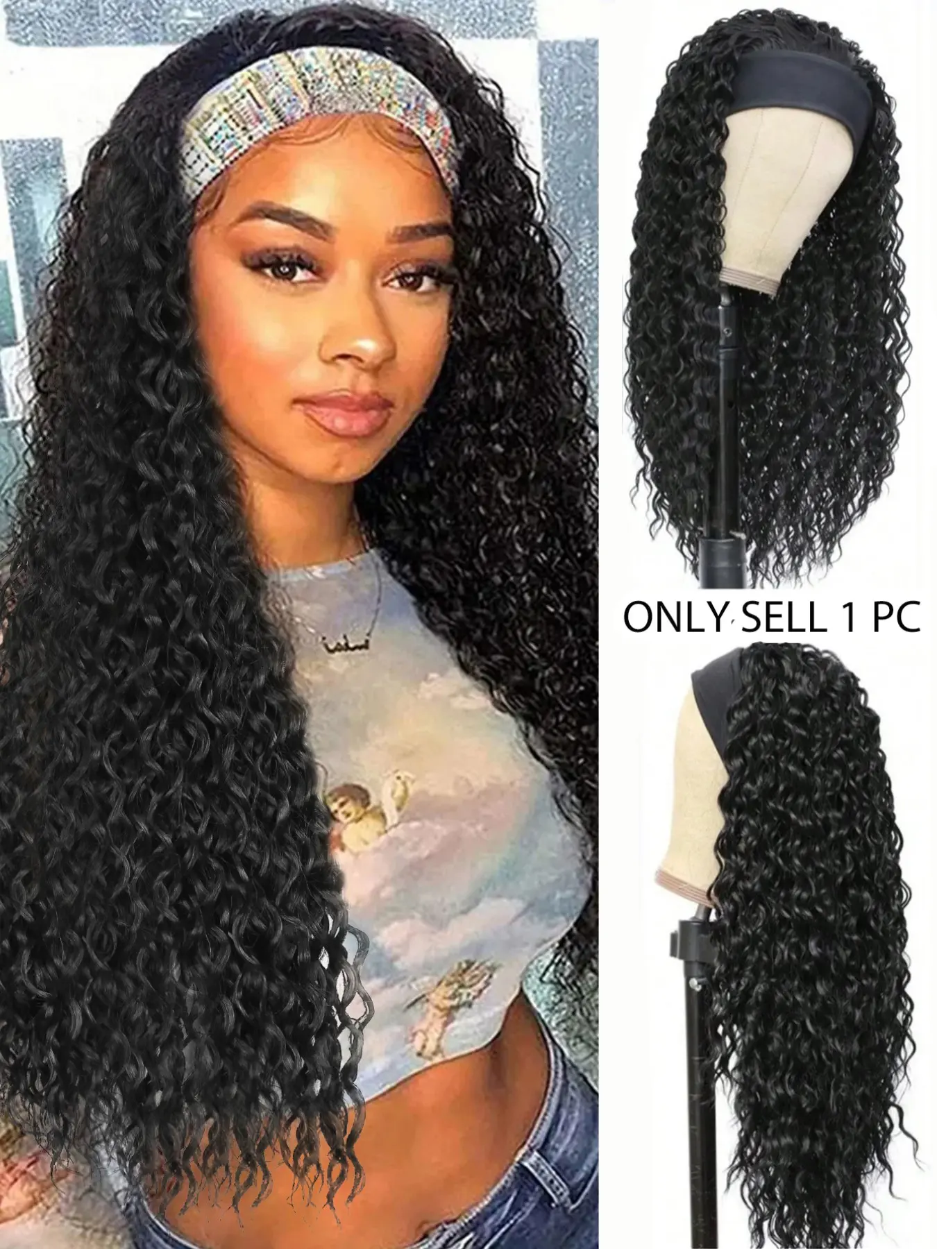 Women Synthetic Water Wave Glueless Headband Style Wig, Bouncy Curly Wave Design, Easy-To-Apply Hair Accessory for Daily Wear & Parties