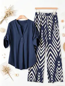 Plus Size Women's Two-Piece Set V-Neck Open Front Button Blouse High-Waisted Wide-Leg Straight Pants Fashionable Casual Print Outfit, e for Summer, Daily Commuting, and Casual Wear Matching Sets