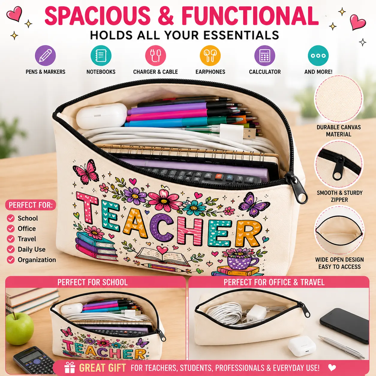 Teacher Pencil Pouch – Cute Canvas Cosmetic & Stationery Bag
