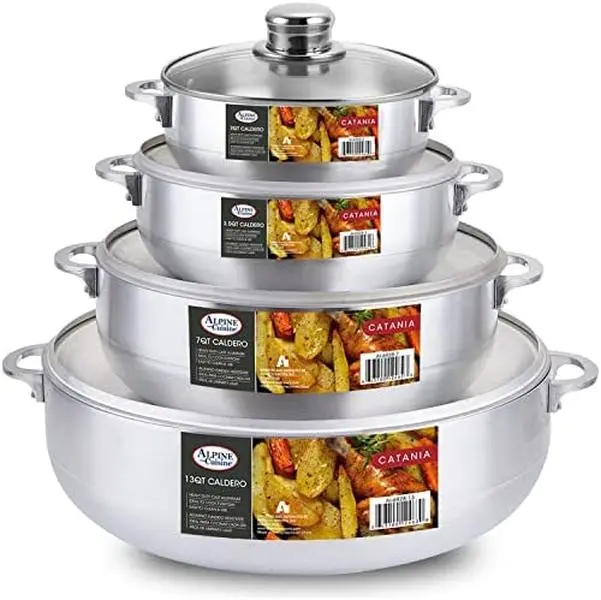 Alpine Cuisine 8-Piece Aluminum Caldero Set Durable Nonstick Stock Pots with Lids Versatile Dutch Oven Cookware for Everyday Home Cooking Handles