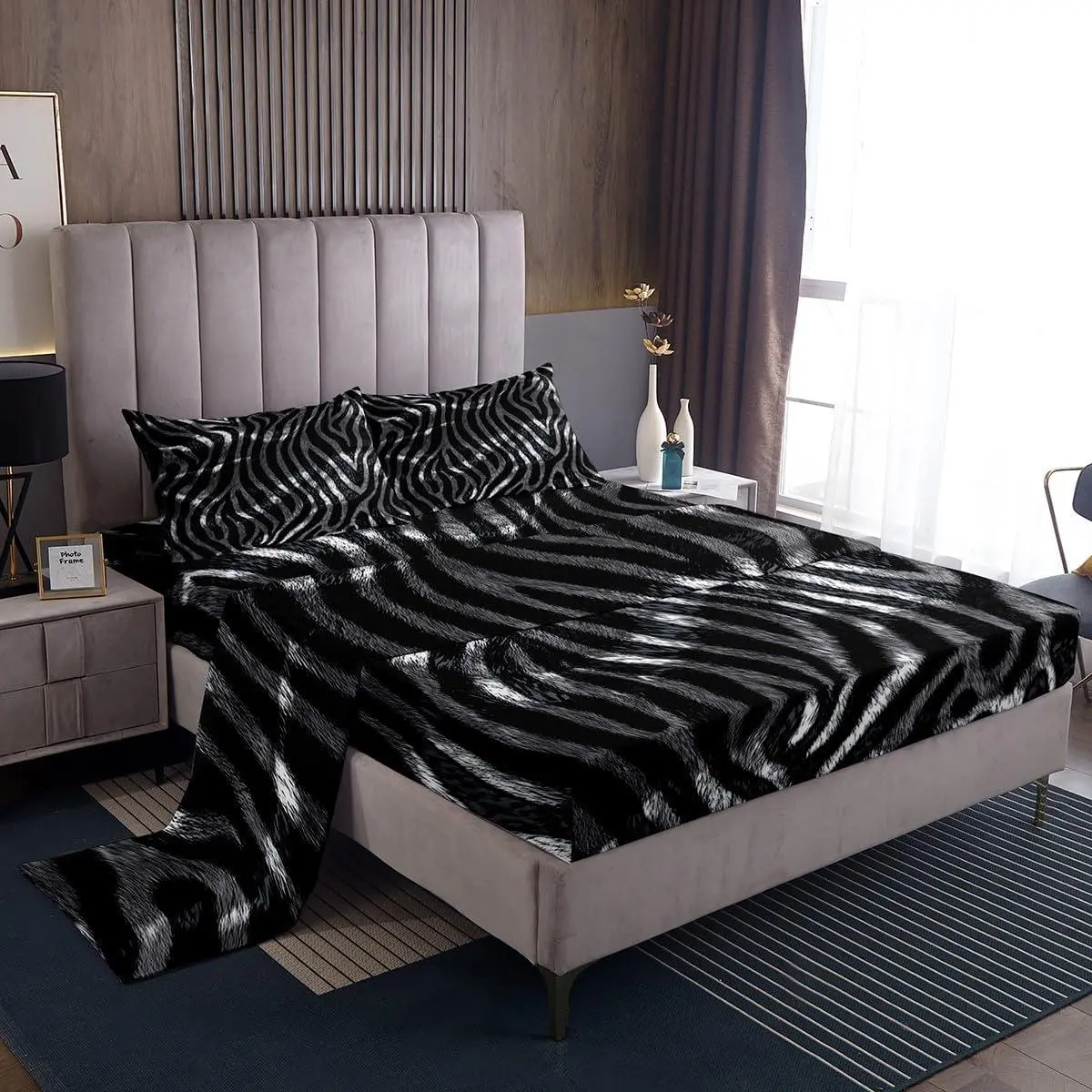 Zebra Sheet Set Animal Print Bed Sheets Set Zebra Fur Print Sheets with Deep Pocket Fitted Sheet Women Men Black Gray White Stripes Bedding Set