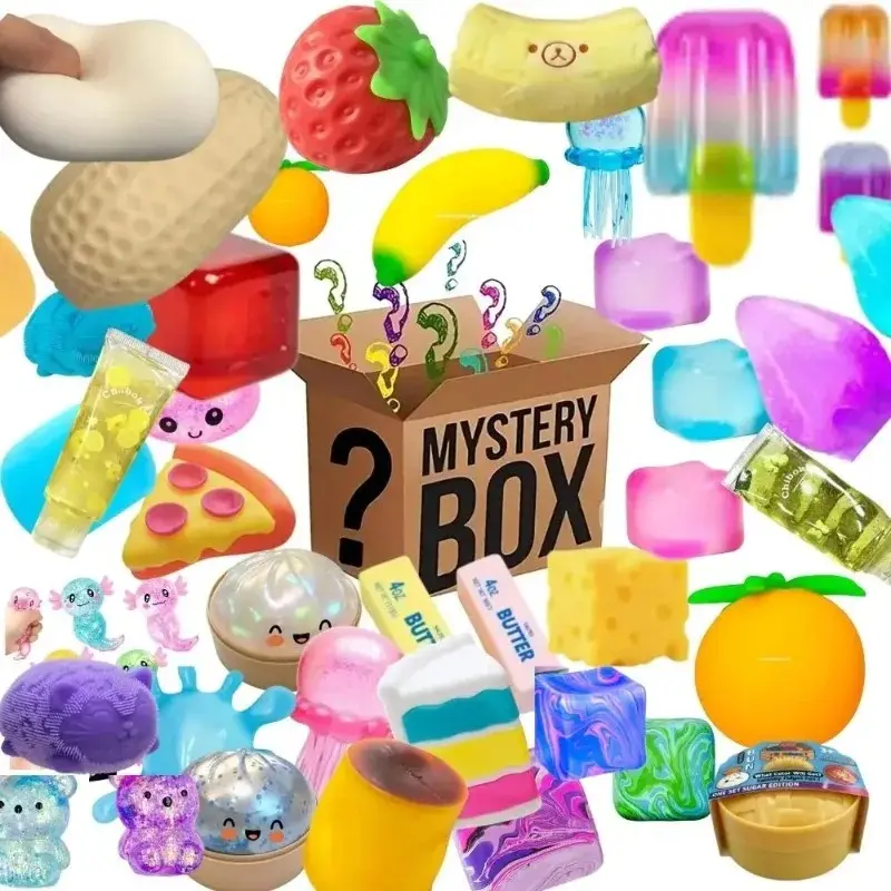 Random-Pack Squishies Fidget Toys, 100 Assorted 1-Piece Surprise Blind Boxes for Stress Relief, Pinchable Decompression Toys
