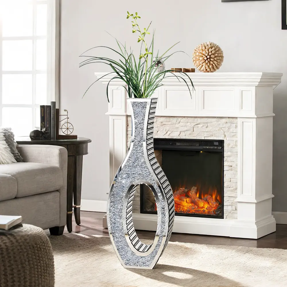 30" Tall Large Double Sided Sliver Crystal Vase, Crystal Hollow Decorative Glass Vases, Modern Luxury Decorative Vases, Crushed Diamond Mirrored Vase for Luxury Home Decor Living Room Office Bedroom Kitchen