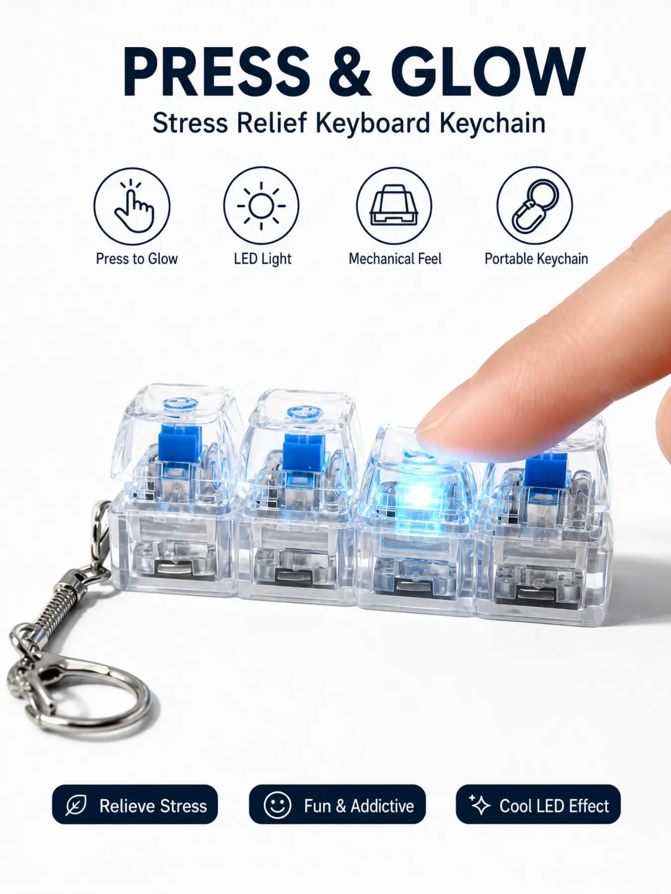 Stress-relieving toy mechanical keyboard, crystal keycaps with LED lights, transparent design, keyboard keychain, Stress Relief Fidget, Stress Relieving Accessory, Stress Relief Fidgeting, Stress Relief Tools#Fashionweek#Fallfreshness#testBlack Friday