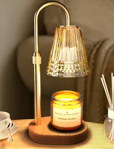 TATAANTY Candle Warmer Lamp with Timer Dimmable, Height-Adjustable Candle Warmer with 2 Bulbs, Melt Wax Warmer Lamp, House Warming Gifts New Home,Gifts for Women, Golden Glass Shade, Wood Base