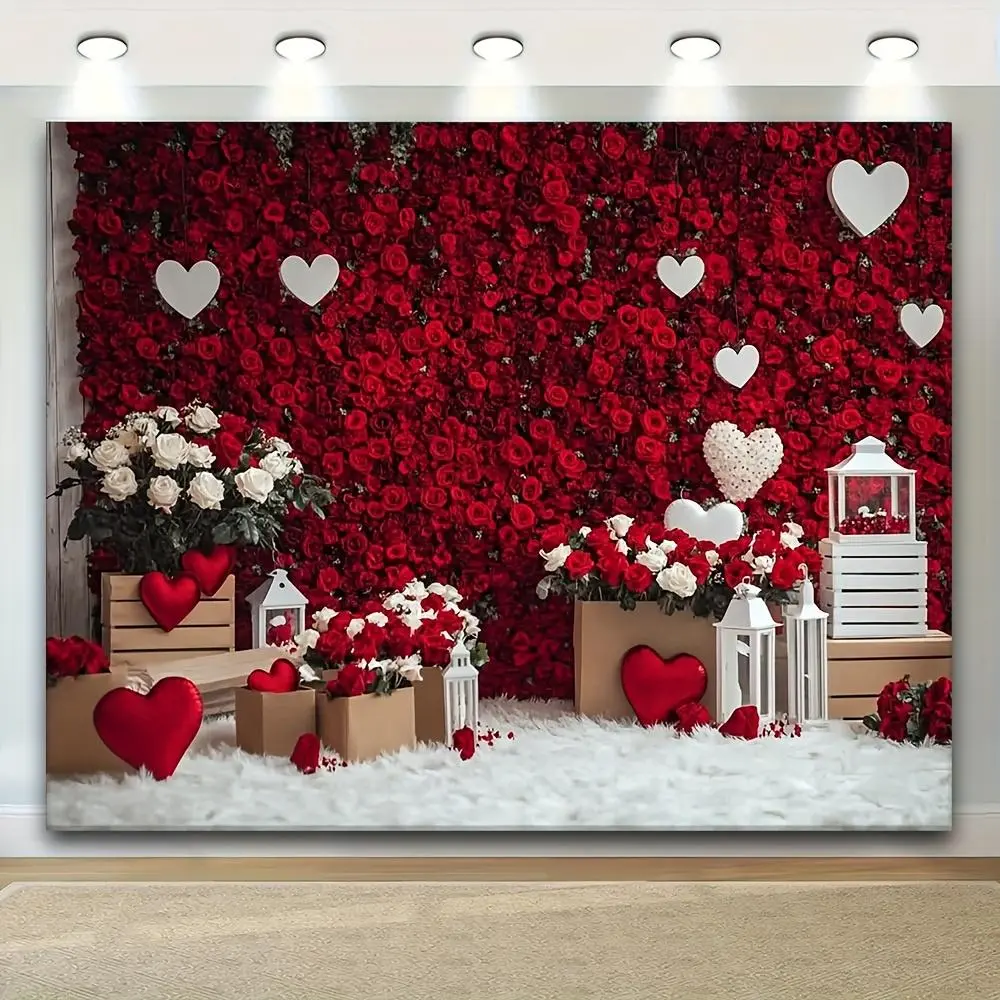 1PC Polyester Reusable 2D Flat Red Rose Heart Backdrop Cloth - Festive Banner for Valentine's Day Romantic Decor, Birthday Supplies