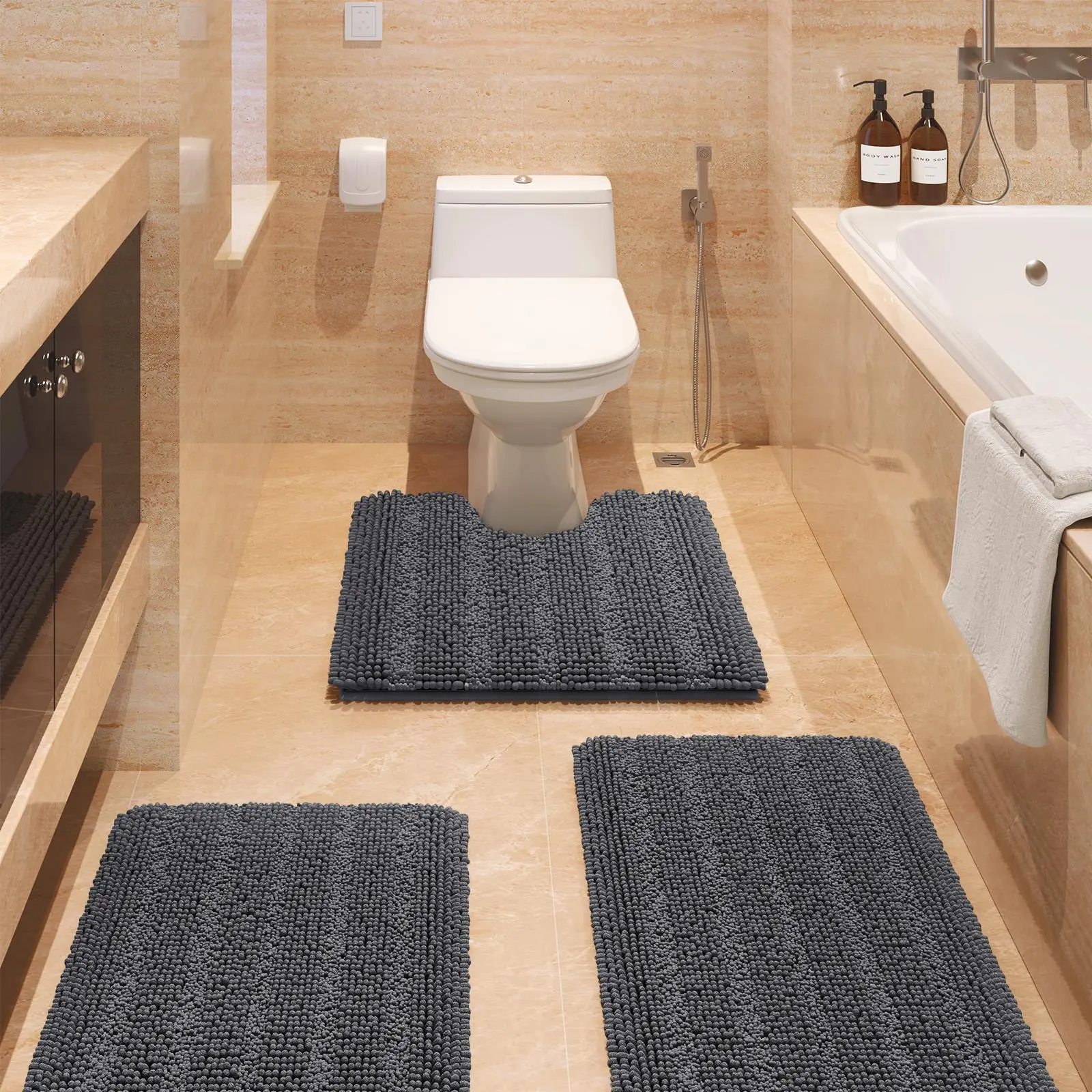 Comfydew Striped Bathroom Carpet & Rug Set, 2 Pieces/3 Pieces Ultra Soft Non Slip Chenille Bath Mat, Absorbent Plush Shaggy Toilet Mat, Multi-use Floor Mats for Bathroom Bedroom Kitchen