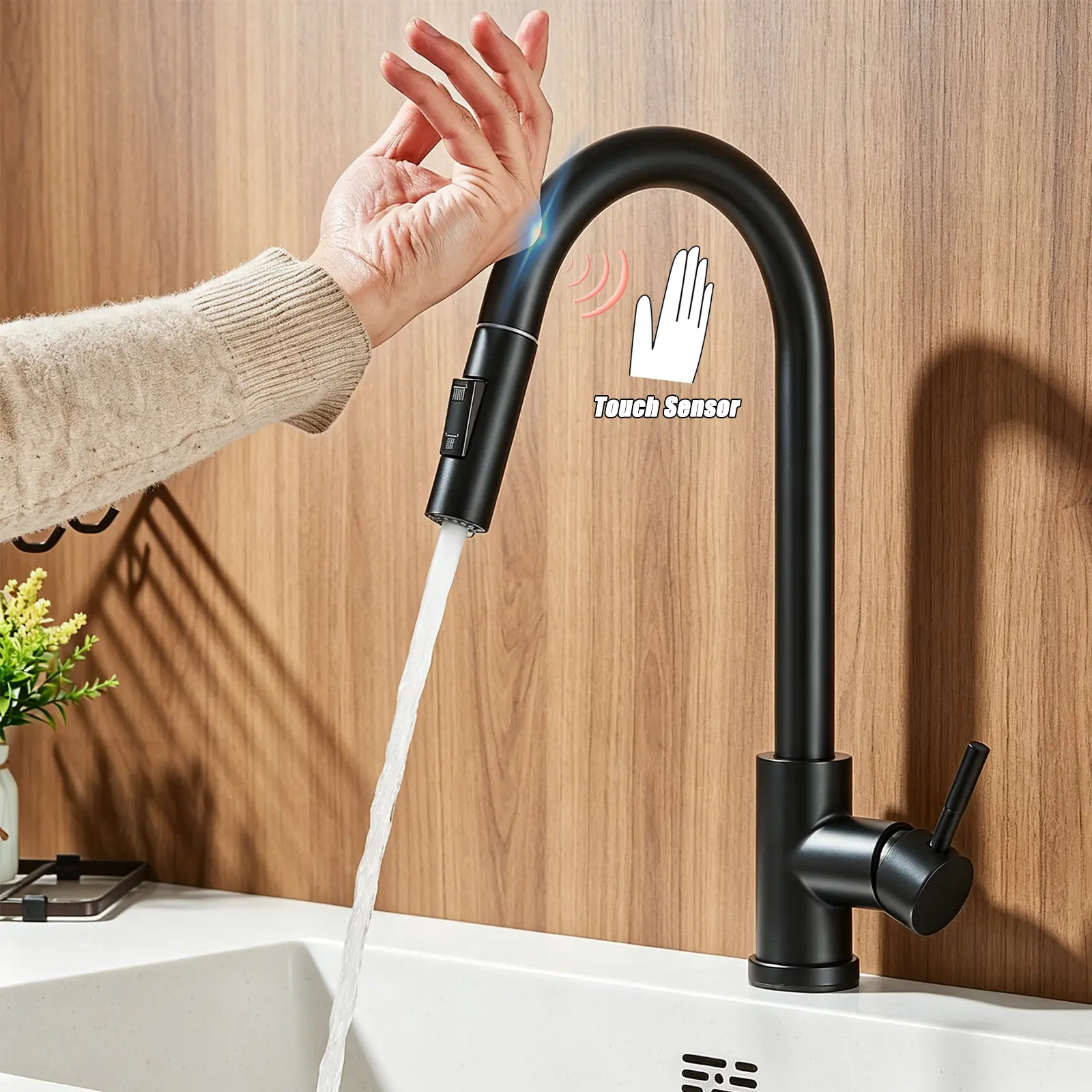 Touch on Kitchen Sink Faucet, Smart Sensor Kitchen Faucets with Pull Down Sprayer, Single Handle Sink Faucet Stainless Steel, Matte Black