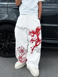 Men's Multi-Color Casual Lounge Sweatpants, Loose Fit, Gothic Print, Drawstring Waist, Comfortable Street Style, Ideal for Daily Wear, Sports, Parties, Athleisure Style Bottoms, Casual Fashion Sweatpants