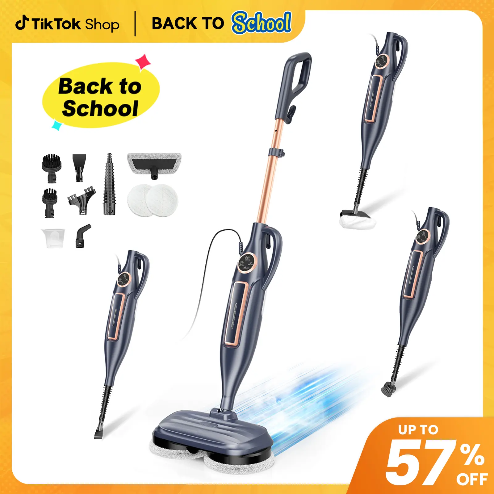 [BackToSchool]DEVOAC VM6 Electric Rotating Steam Mop & Household Steam Cleaner, 10-in-1 Steam Mop, 3 Adjustable Steam Levels,Floors Clean, Kitchen, Tiles, Walls, Cabinets, Gaps; Fast Heat-Up, Removes Grease and Grime, Multi-Purpose Cleaning Tool