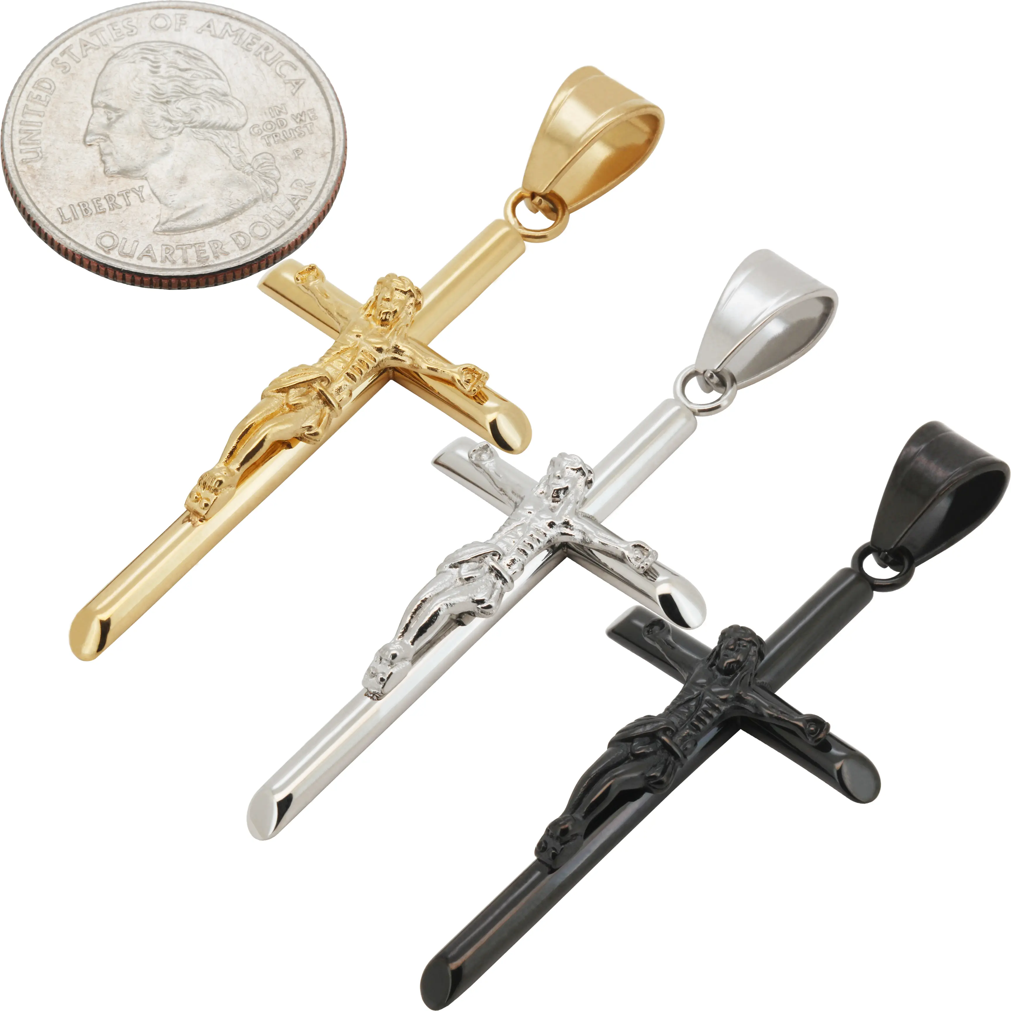 316L Stainless Steel 18k Yellow Gold Plated Black Rhodium Crucifix Cross Pendant