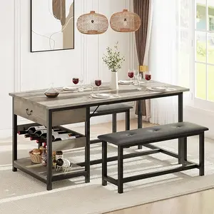 Dining Table Set for 4, Kitchen Dining Table Set with Upholstered Benches, Kitchen Dining Room Table with Storage Drawers & Wine Rack for Small Space