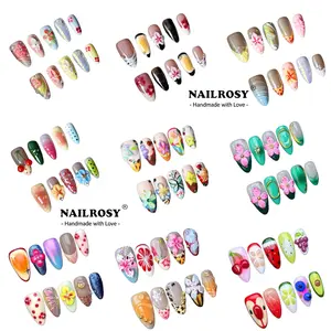 Random Design Spring Limited NAILROSY 3D Floral Handmade Press on Nails Almond DIY Rhinestone for Wedding Birthday Party Christmas Summer Spring,Pink Green Yellow Purple