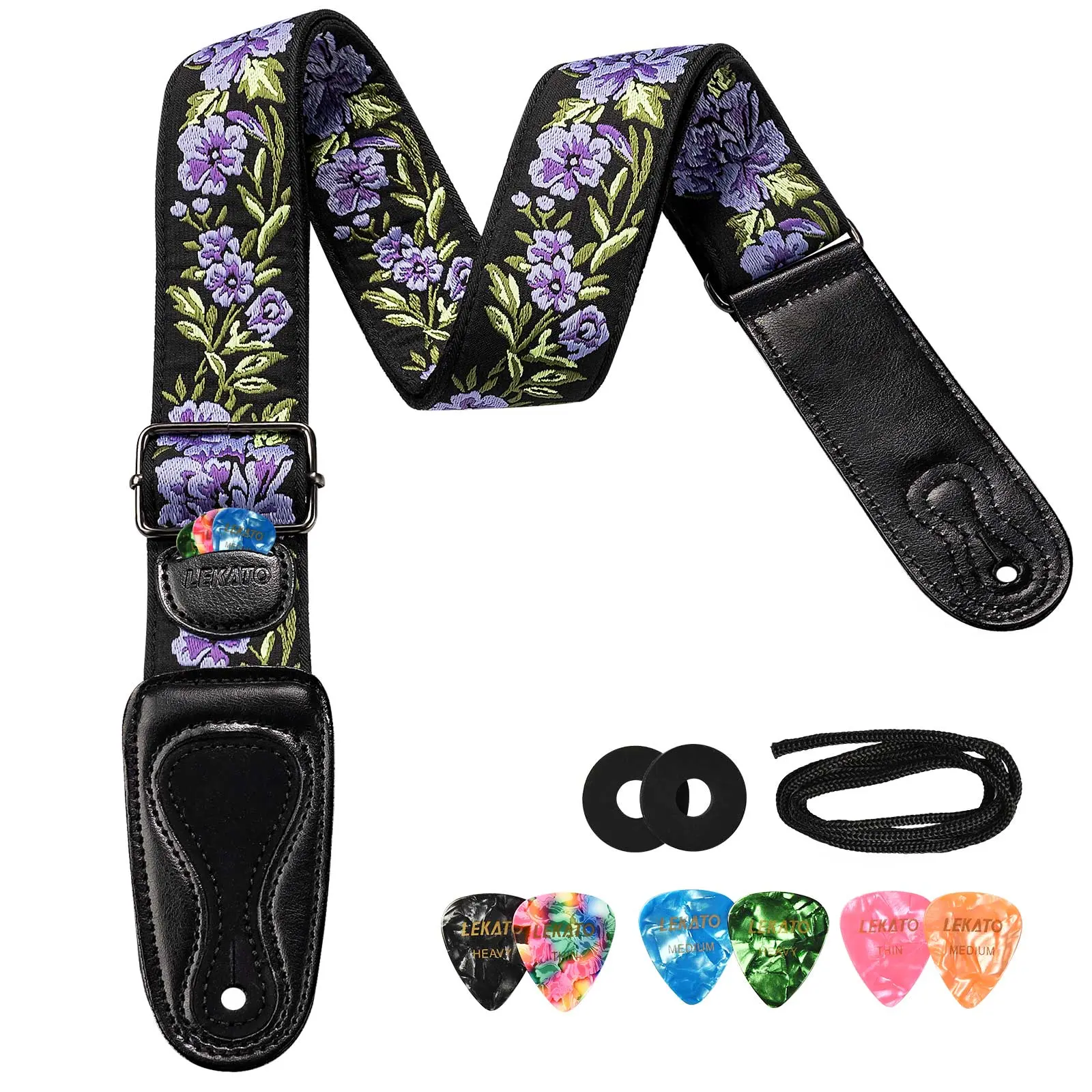 LEKATO LGS-6 Flower Bass Strap, Flower Guitar Strap for Bass, Electric & Acoustic Guitar, 2" Wide Guitar Straps with Leather Ends Artistic Woven Guitar Straps with Pick Holder 2 Safty Strap Locks & 6 Picks