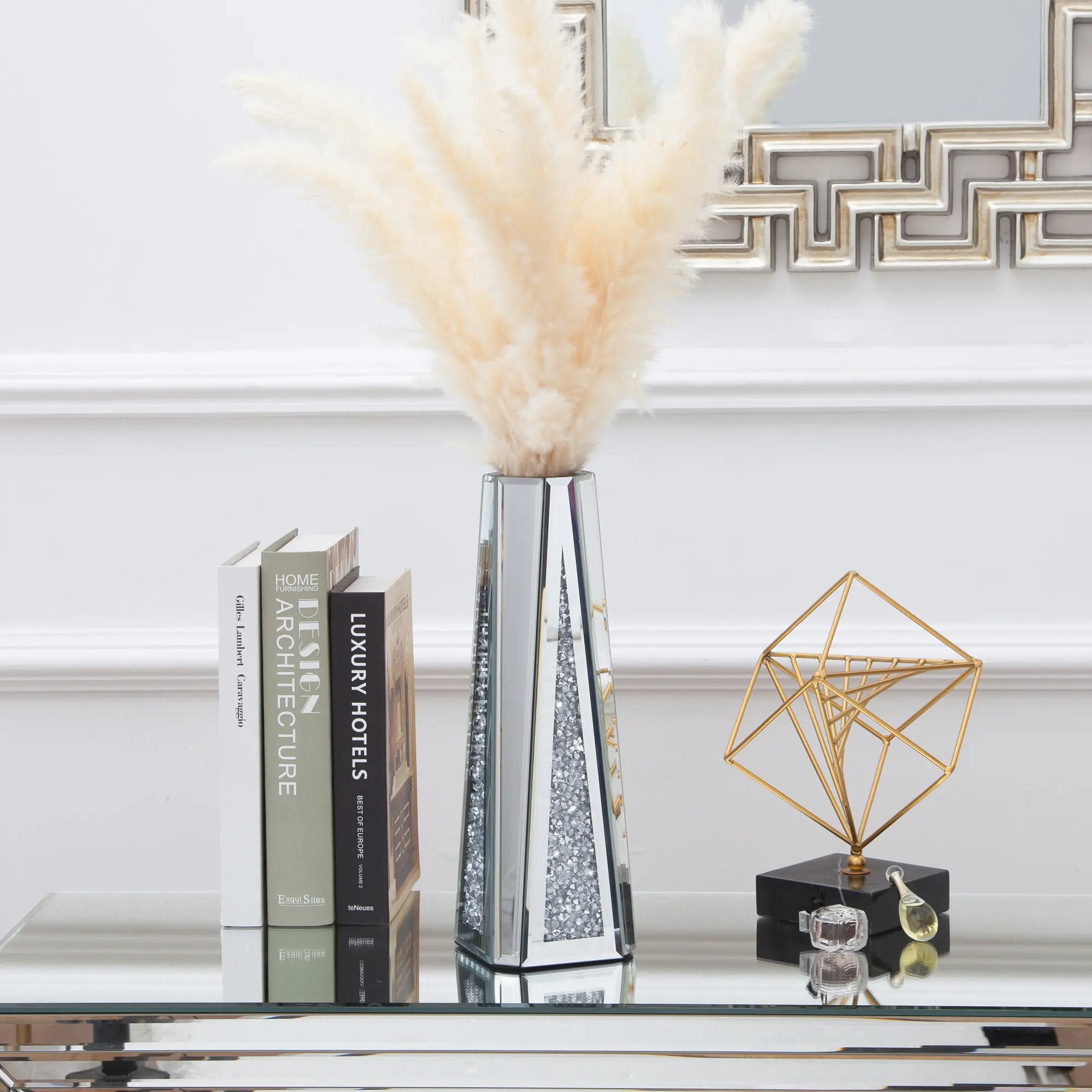 13in Crushed Diamond Mirrored Vase - Silver Crystal Glass Decoration for Table Decor, Living Room, Bedroom; Non-Water-Holding Flower Centerpiece Ornament, Crush Diamond