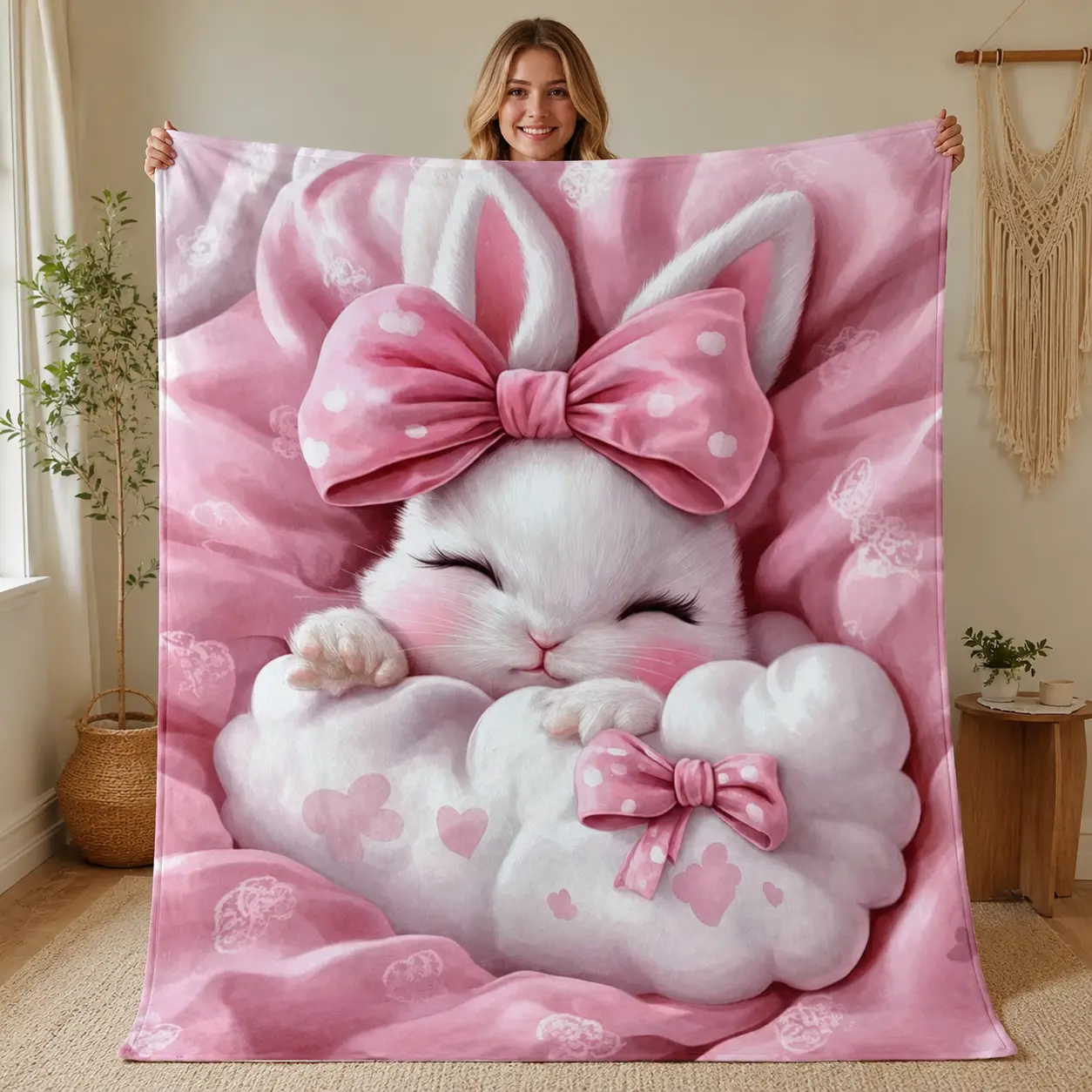 White Bunny Pink Bow Sleep Outdoor Portable Blanket-Lightweight Home Furnishings Bedding Blanket Suitable for Travel Camping Living Rooms Offices Sofas Chairs and Beds-Soft and Warm Fabric Digital Printed Blanket