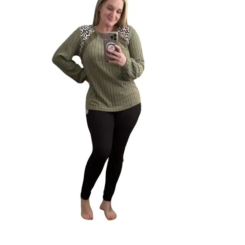 Butter Soft Green Sweater with Leopard Accent on Shoulder - Product Title