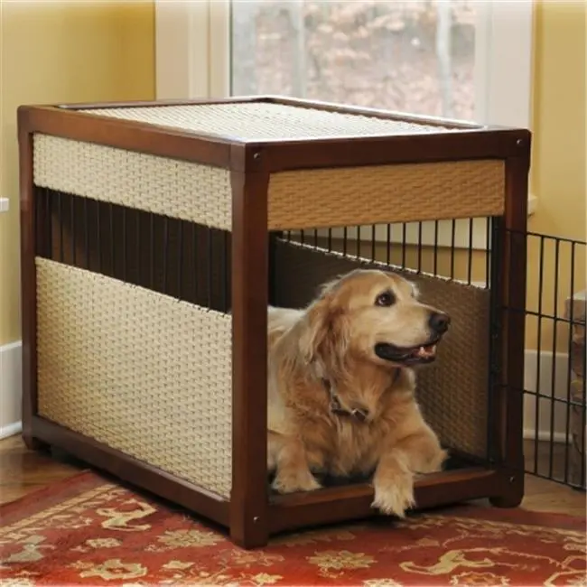 212 MAIN Deluxe Wooden Dog & Cat Kennel Crate - Wood & Rattan Frame, Wicker Panels, Easy-Access Double Door, Ventilation, Odor Control, Spacious Indoor Enclosure Carrier for Pets Up to 27 in. Height, Oil Rubbed Bronze Accents, Wooden Kennel, 42 In. D X 31