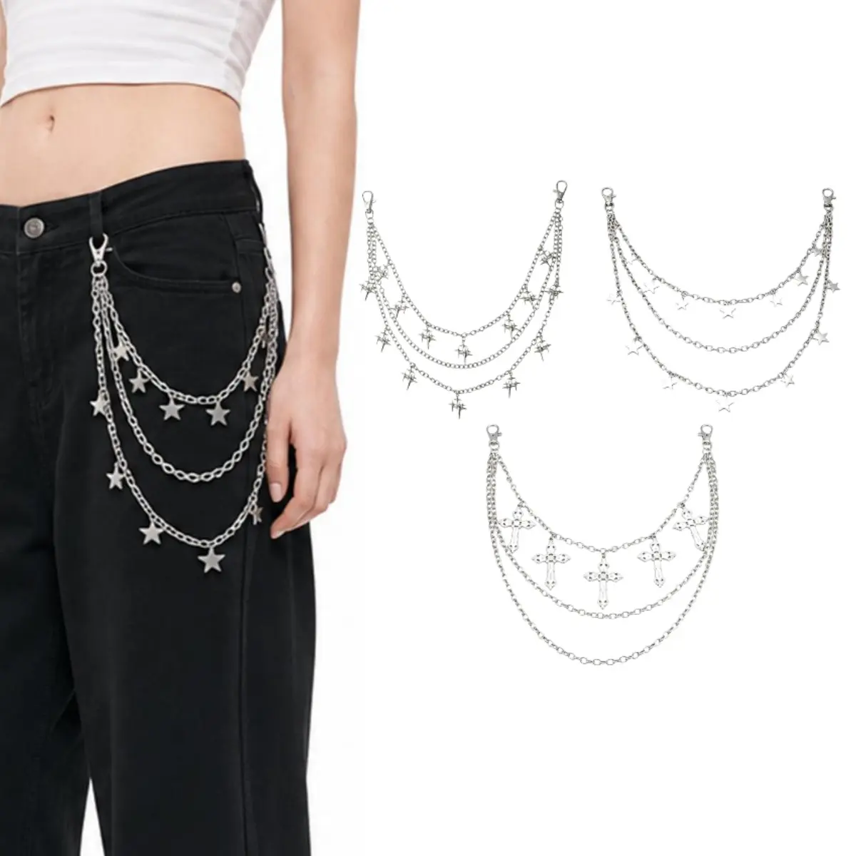 3Pcs Jeans Chain Belt Waist Pocket Pants Chains Y2k Belt Punk Accessories Body Belly Goth Chain for Women Men