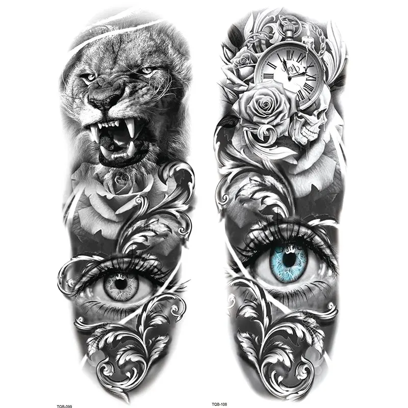 2 Temporary Tattoo Stickers, Waterproof Realistic Lion Eye Clock Rose Flower Arm Tattoos, Halloween Party Fake Sleeve Tattoos