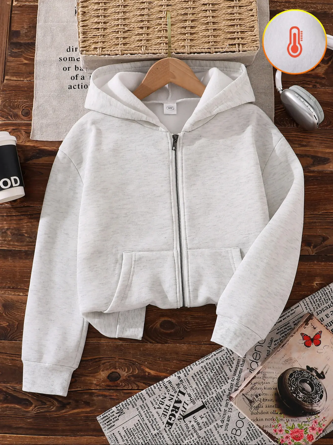 Girls' Solid Color Zipper Hooded Fleece Lined Long Sleeve Casual Jacket with Real Pockets, Comfortable Warm Outerwear