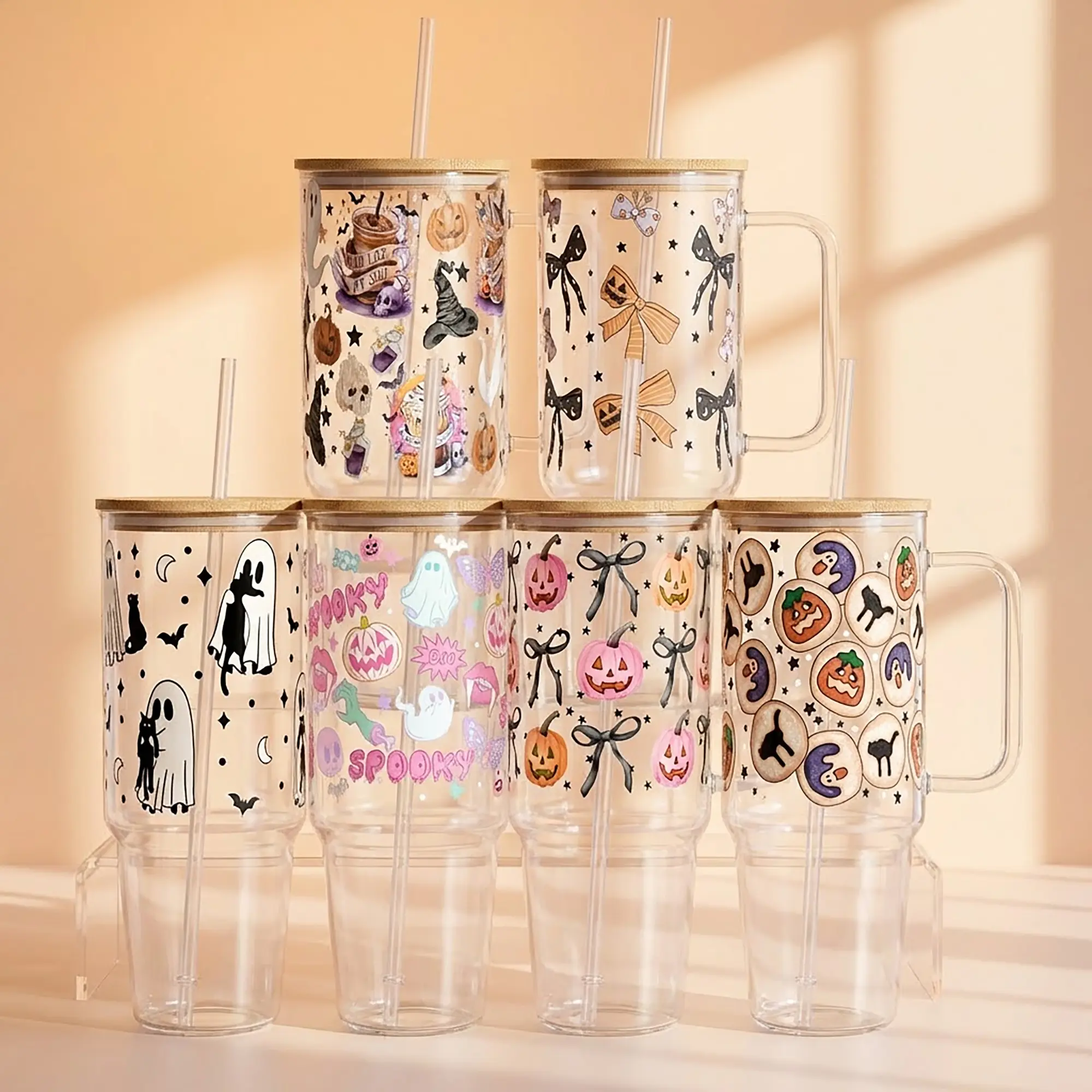 Halloween Spooky Season 40oz Glass Tumbler with Lid and Straw, Iced Coffee Drinkware, Gift for Her, Acrylic Tumbler, water bottle for women, spooky gifts, Insulated Sports Bottle, Travel Water Bottle Handmade
