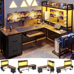 ADORNEVE Adult Collection Modern L-Shaped Power Outlet and LED Strip Desk, Rustic Brown