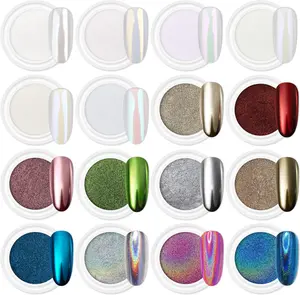 【Send  Free 510PCS Clear Almond Nail Tips 】16Jars Chrome Nail Powder Magic White Pearl Kit Mirror Effect Silver Metallic Holographic Dip Nail Powder for Craft & Nail Art Fimo, Decoration Iridescent Aurora Mermaid Pigment